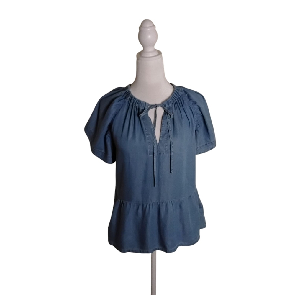 Joe's Jeans Womens XS Chambray Blue Flutter Sleeve Tie Neck Tiered Hem Flowy Top